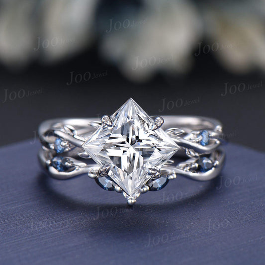 7mm Princess Cut IGI Certified Lab Grown Diamond Branch Bridal Ring Set Square Diamond Wedding Ring Unique Luxury Platinum Proposal Rings