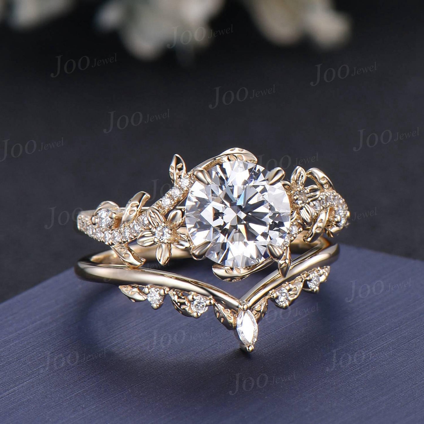 8mm IGI Certified Diamond Engagement Rings 10K Yellow Gold Round Cut Lab Grown Diamond Wedding Ring for Her Unique Leaf Floral Bridal Ring