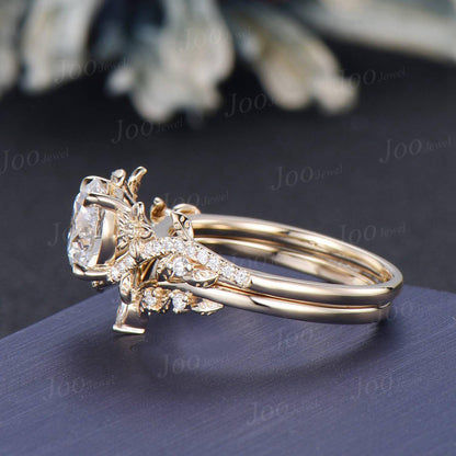 8mm IGI Certified Diamond Engagement Rings 10K Yellow Gold Round Cut Lab Grown Diamond Wedding Ring for Her Unique Leaf Floral Bridal Ring