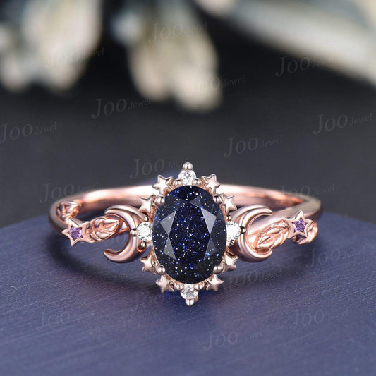 Oval Cut Galaxy Blue Sandstone Amethyst Moon Star Wedding Ring Sterling Silver Blue Goldstone Engagement Ring Art Deco Leaf Proposal Rings