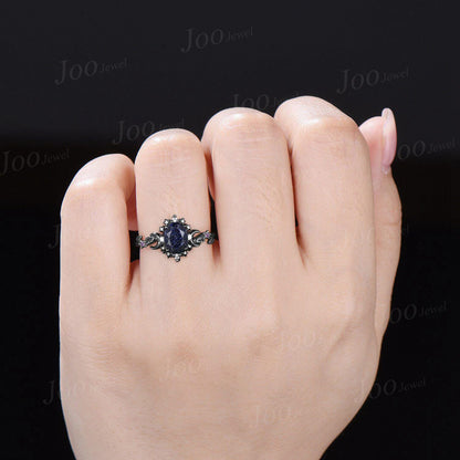 Oval Cut Galaxy Blue Sandstone Amethyst Moon Star Wedding Ring Sterling Silver Blue Goldstone Engagement Ring Art Deco Leaf Proposal Rings