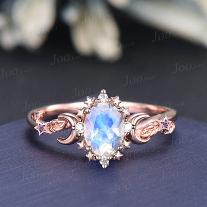 1ct Oval Natural Blue Moonstone Moon Star Engagement Ring Vintage Rose Gold Moonstone Amethyst Wedding Ring June Birthstone Birthday Gifts