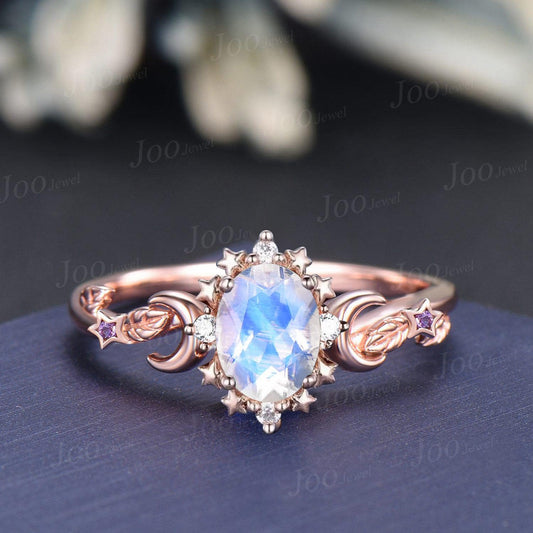 1ct Oval Natural Blue Moonstone Moon Star Engagement Ring Vintage Rose Gold Moonstone Amethyst Wedding Ring June Birthstone Birthday Gifts