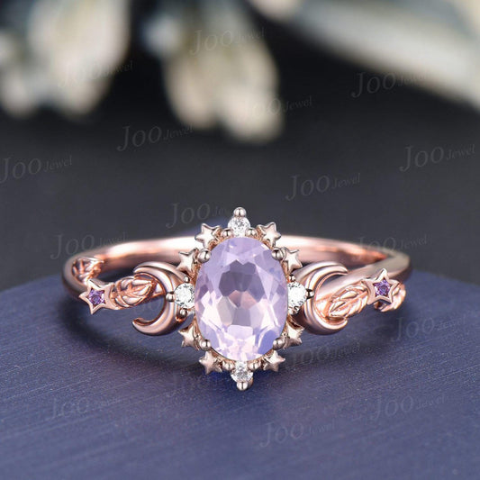 Oval Cut Natural Lavender Amethyst Moon Leaf Wedding Ring in 14K Rose Gold Unique February Birthstone Jewelry Gift Celestial Amethyst Rings