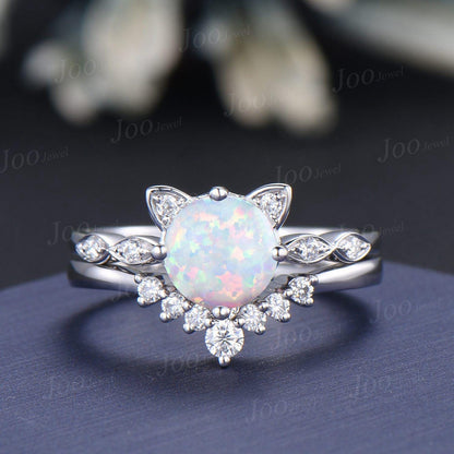 Vintage Round Cut Opal Moissanite Cat Promise Ring Peekaboo Kitten Cat Wedding Ring Unique Custom Personalized Birthday Gifts for Cat Lover
