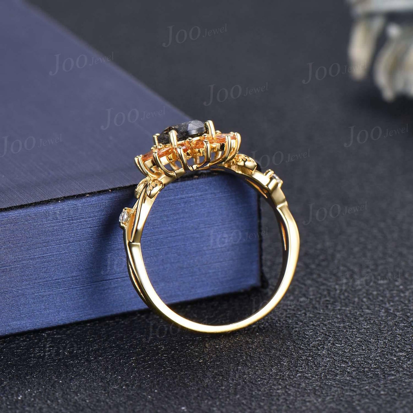 Sunflower Wedding Ring Solid 10K Gold Natural Citrine Black Rutilated Quartz Twisted Vine Floral Engagement Ring for Women Birthday Gifts