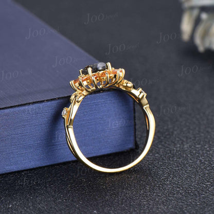 Sunflower Wedding Ring Solid 10K Gold Natural Citrine Black Rutilated Quartz Twisted Vine Floral Engagement Ring for Women Birthday Gifts