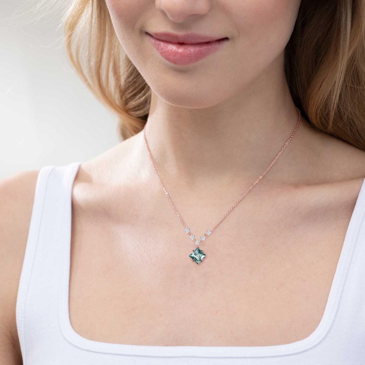 2ctw Princess Cut Natural Moss Agate Drop Necklace Solid 9K Rose Gold Vintage Moss Agate Alexandrite Pendant Women Anniversary Birthday Gift