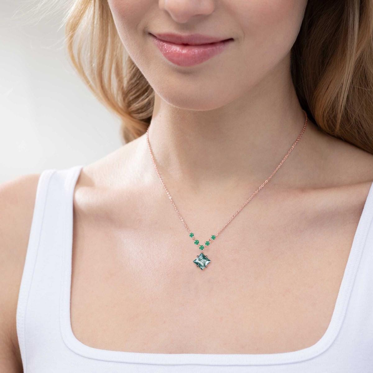 2ctw Princess Cut Natural Moss Agate Drop Necklace Solid 9K Rose Gold Vintage Moss Agate Alexandrite Pendant Women Anniversary Birthday Gift