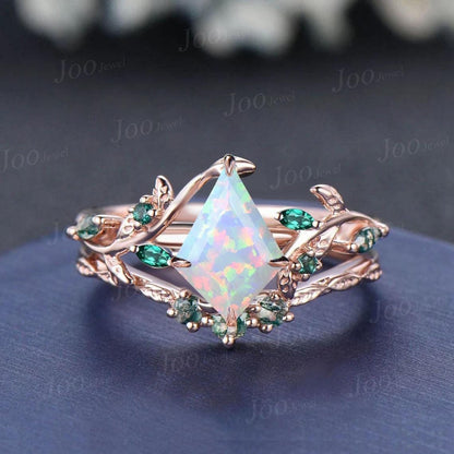 1ct Kite Cut White Opal Bridal Ring Set 10K Rose Gold Branch Engagement Ring Emerald Opal Wedding Ring Moss Agate Wedding Band for Women