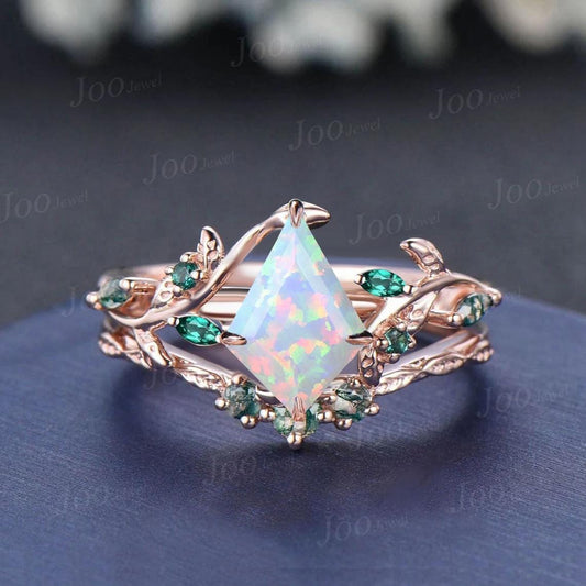 1ct Kite Cut White Opal Bridal Ring Set 10K Rose Gold Branch Engagement Ring Emerald Opal Wedding Ring Moss Agate Wedding Band for Women