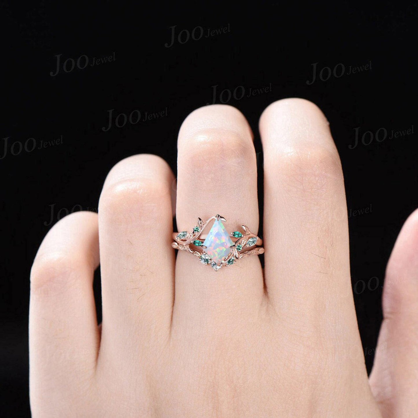 1ct Kite Cut White Opal Bridal Ring Set 10K Rose Gold Branch Engagement Ring Emerald Opal Wedding Ring Moss Agate Wedding Band for Women