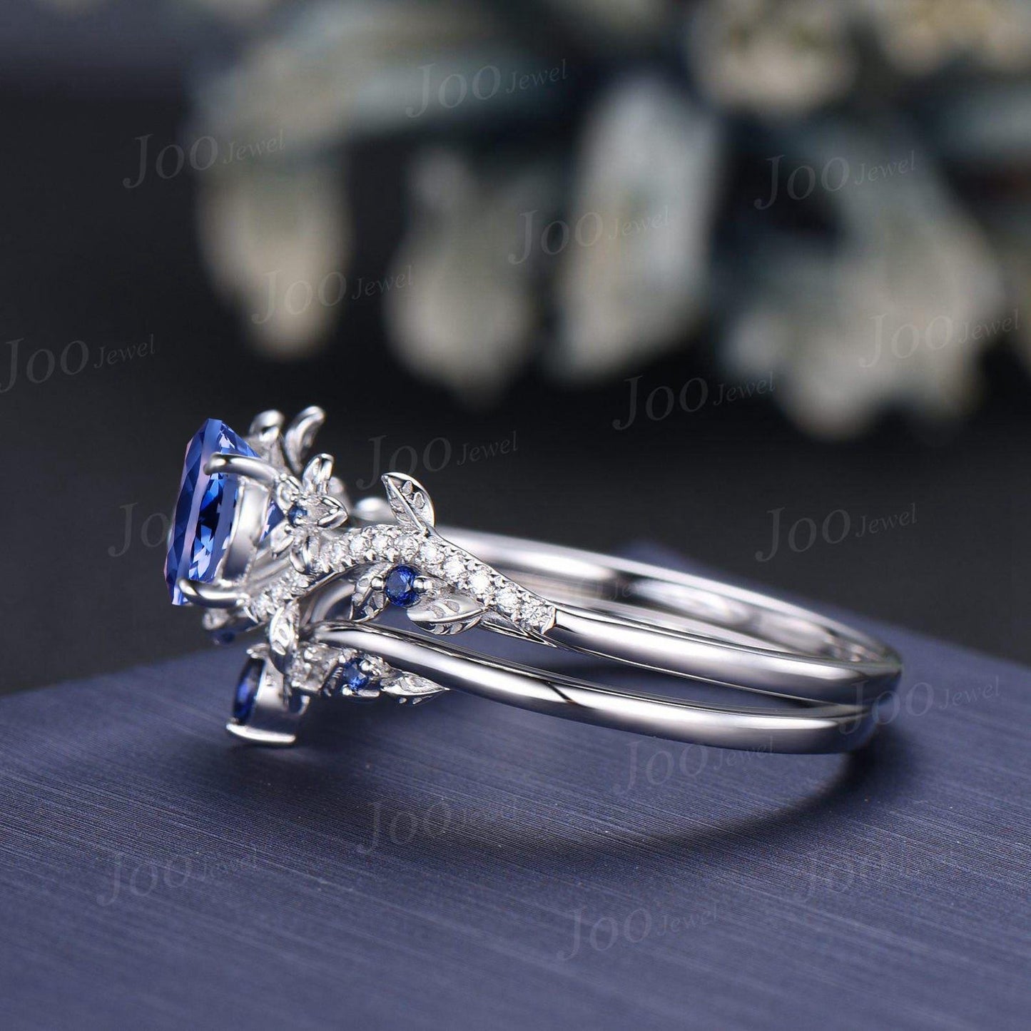 1ct Round Cut Natural Tanzanite Wedding Ring Set Unique Floral Branch Tanzanite Blue Sapphire Bridal Ring Platinum Engagement Ring for Women