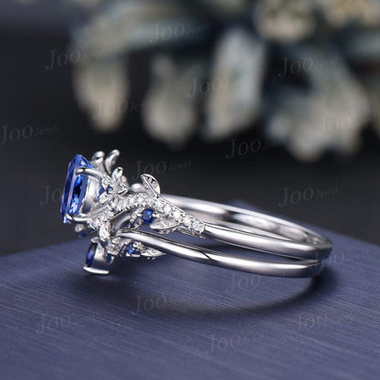 1ct Round Cut Natural Tanzanite Wedding Ring Set Unique Floral Branch Tanzanite Blue Sapphire Bridal Ring Platinum Engagement Ring for Women