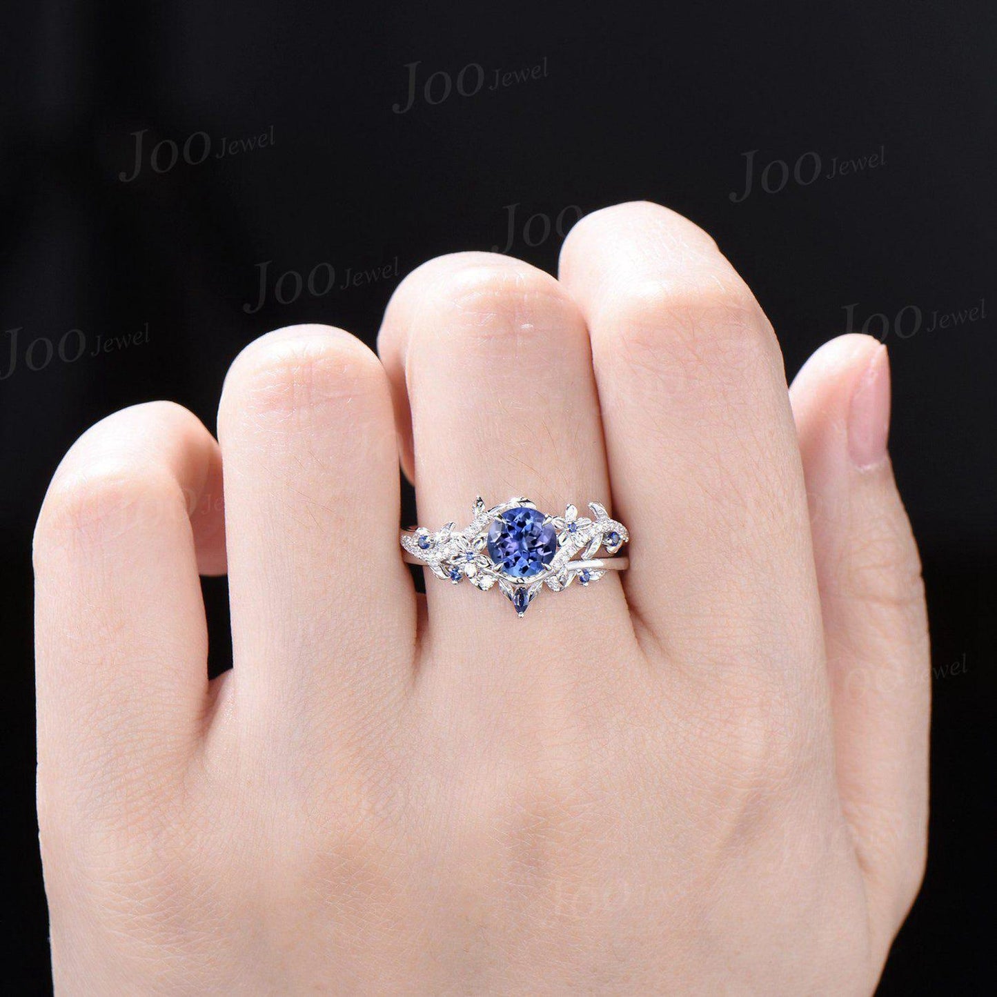1ct Round Cut Natural Tanzanite Wedding Ring Set Unique Floral Branch Tanzanite Blue Sapphire Bridal Ring Platinum Engagement Ring for Women