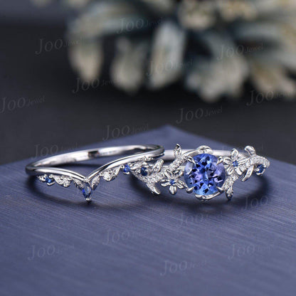 1ct Round Cut Natural Tanzanite Wedding Ring Set Unique Floral Branch Tanzanite Blue Sapphire Bridal Ring Platinum Engagement Ring for Women