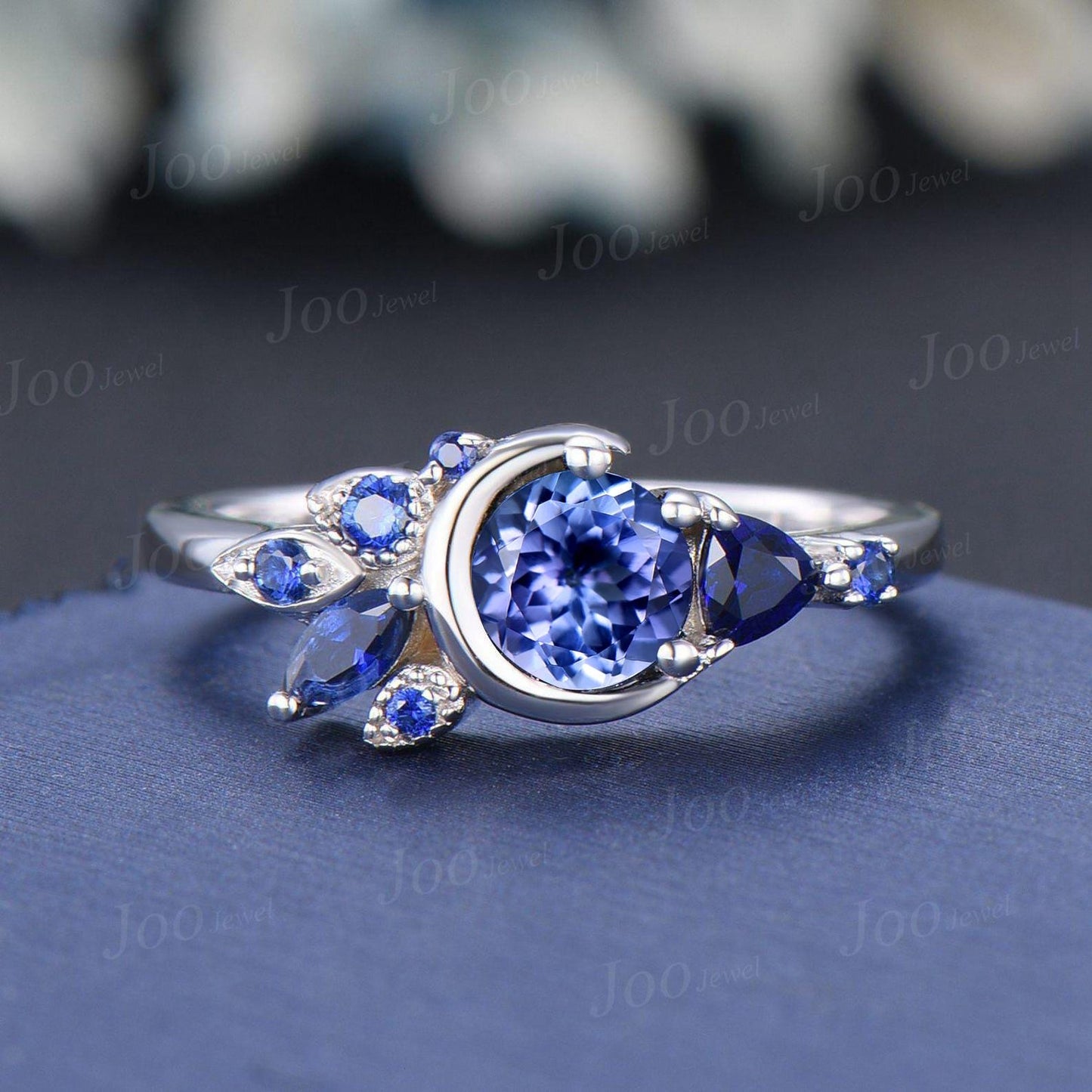 5mm Round Cut Natural Tanzanite Cluster Engagement Ring Unique Sterling Silver Tanzanite Blue Sapphire Crescent Moon Wedding Ring for Women