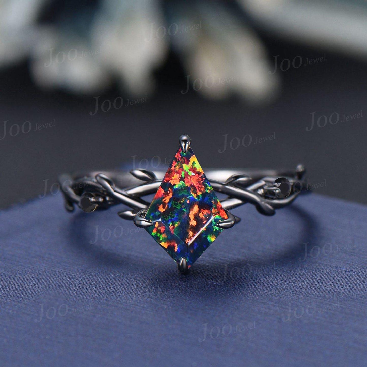 Antique Kite Cut Black Fire Opal Engagement Ring Set Twig Vine Black Onyx Wedding Ring Kite Bridal Set Gothic Black Opal Ring Set for Women