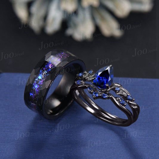 1.25ct Nature Inspired Pear Blue Sapphire Wedding Ring Set for Her with Galaxy Black Tungsten Band for Him Unique Matching Couple Rings Set