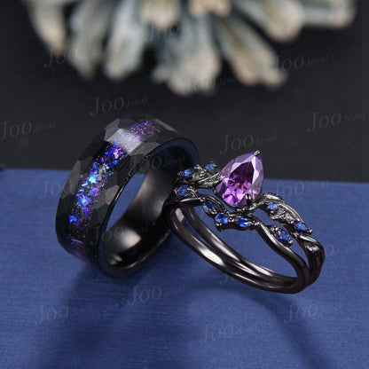 1.25ct Pear Cut Natural Amethyst Sapphire Vine Leaf Couples Ring Set Wear-resistant Men Tungsten Galaxy Nebula Matching Ring Set for Lover