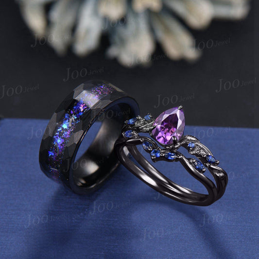 1.25ct Pear Cut Natural Amethyst Sapphire Vine Leaf Couples Ring Set Wear-resistant Men Tungsten Galaxy Nebula Matching Ring Set for Lover