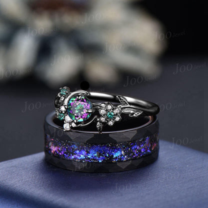 Galaxy Nebula Couple Ring Set Leaf Vine Round Cut Rainbow Mystic Topaz Moon Ring His and Hers Wedding Band Tungsten Matching Ring for Men