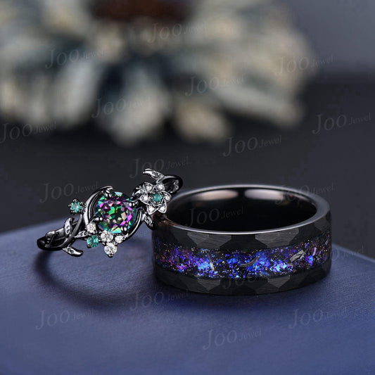 Galaxy Nebula Couple Ring Set Leaf Vine Round Cut Rainbow Mystic Topaz Moon Ring His and Hers Wedding Band Tungsten Matching Ring for Men