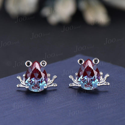 14K Solid Gold Cute Frog Stud Earrings-1.25ct Color-Change Alexandrite Earrings-Pear Alexandrite Studs-Unique Birthday Gift for Women