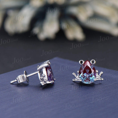 14K Solid Gold Cute Frog Stud Earrings-1.25ct Color-Change Alexandrite Earrings-Pear Alexandrite Studs-Unique Birthday Gift for Women