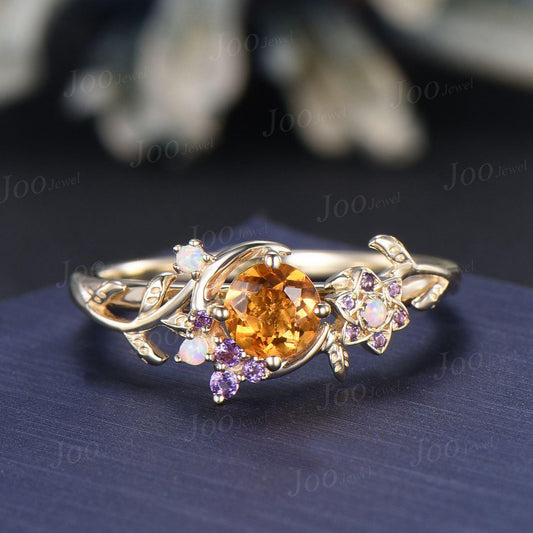 5mm Round Cut Natural Yellow Citrine Moon Engagement Ring 14K Yellow Gold Vine Leaf Genuine Crystal Promise Rings November Birthstone Gifts