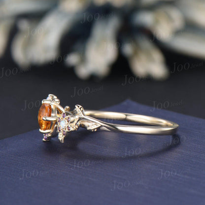 5mm Round Cut Natural Yellow Citrine Moon Engagement Ring 14K Yellow Gold Vine Leaf Genuine Crystal Promise Rings November Birthstone Gifts