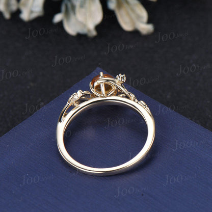 5mm Round Cut Natural Yellow Citrine Moon Engagement Ring 14K Yellow Gold Vine Leaf Genuine Crystal Promise Rings November Birthstone Gifts