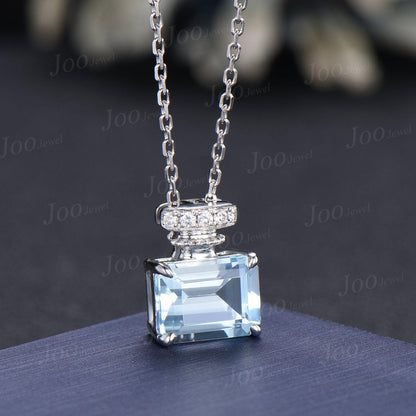 3ct Emerald Cut Natural Aquamarine Diamond Pendant | Perfume Bottle Design Aquamarine Pendant Necklace | 10K White Gold Gemstone Necklace
