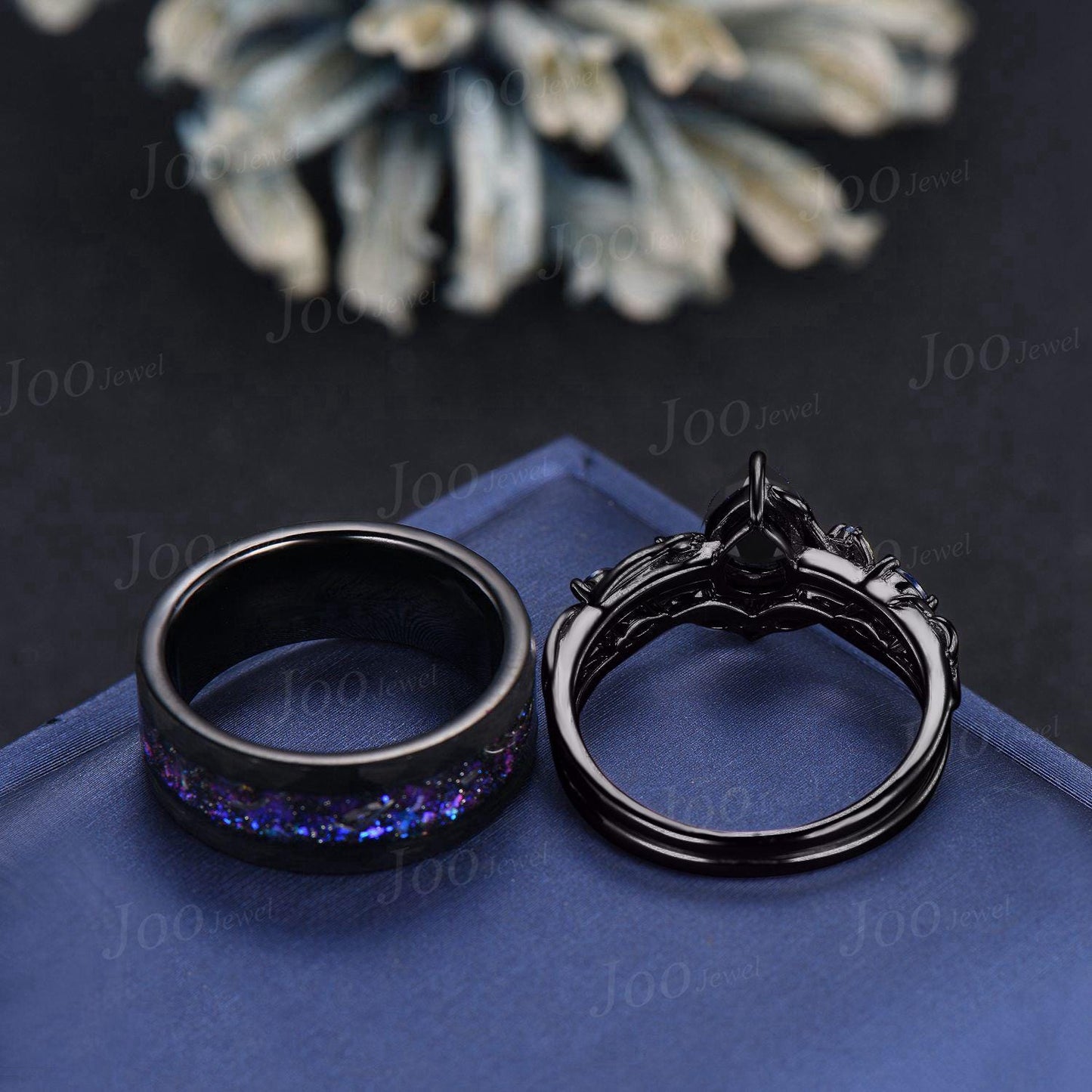 Black Promise Ring Set for Couple, Pear Cut Natural Black Onyx Black Ring Set for Women, Black Tungsten Band for Men, Matching Couple Ring