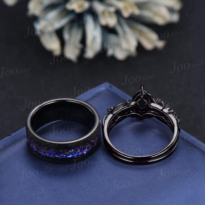 Black Promise Ring Set for Couple, Pear Cut Natural Black Onyx Black Ring Set for Women, Black Tungsten Band for Men, Matching Couple Ring
