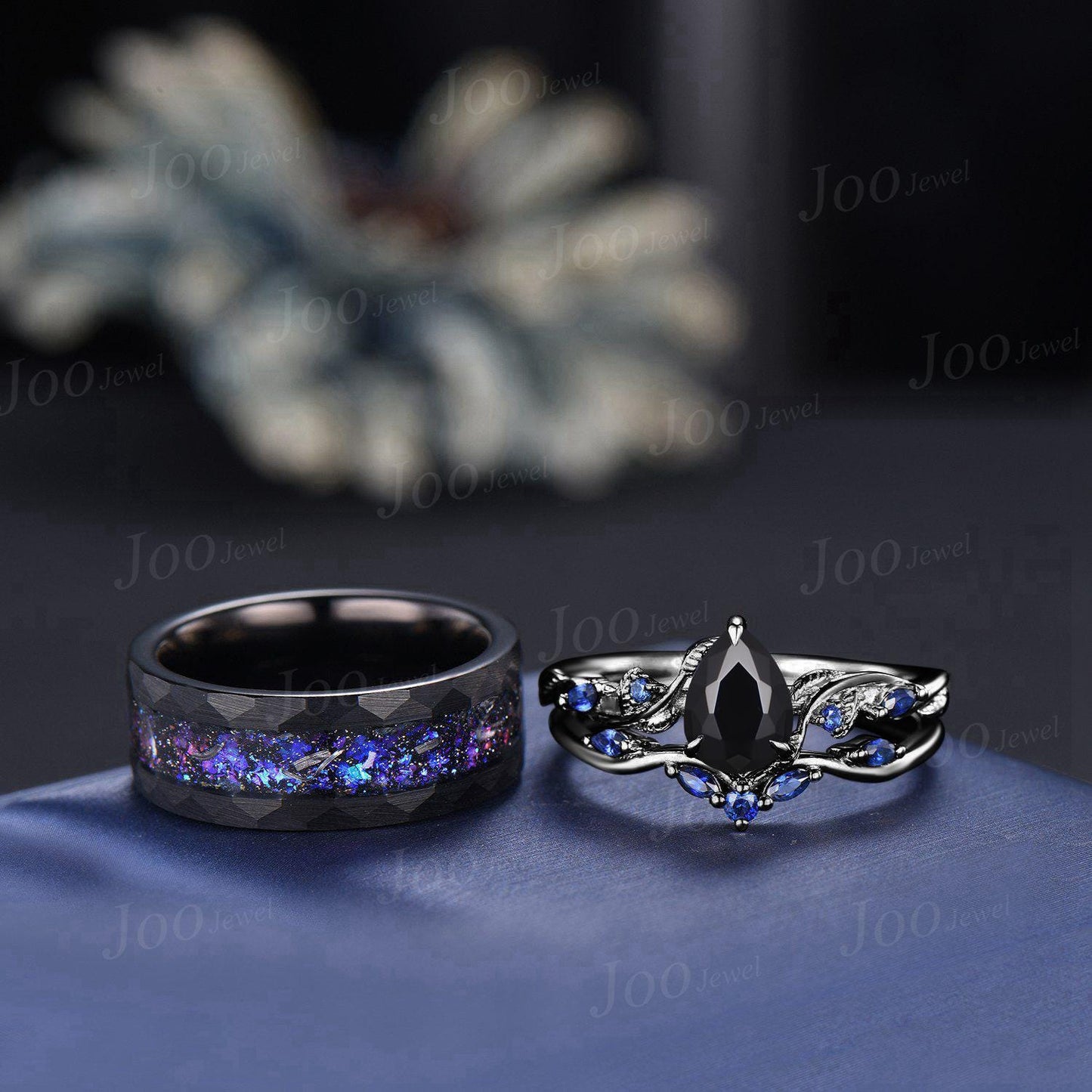 Black Promise Ring Set for Couple, Pear Cut Natural Black Onyx Black Ring Set for Women, Black Tungsten Band for Men, Matching Couple Ring