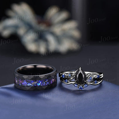Black Promise Ring Set for Couple, Pear Cut Natural Black Onyx Black Ring Set for Women, Black Tungsten Band for Men, Matching Couple Ring