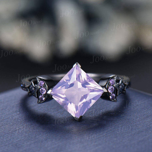 2ct Princess Cut Natural Lavender Amethyst Sandstone Moon Star Wedding Ring Goth Black Gold Proposal Ring Romantic Birthday Gifts for Women