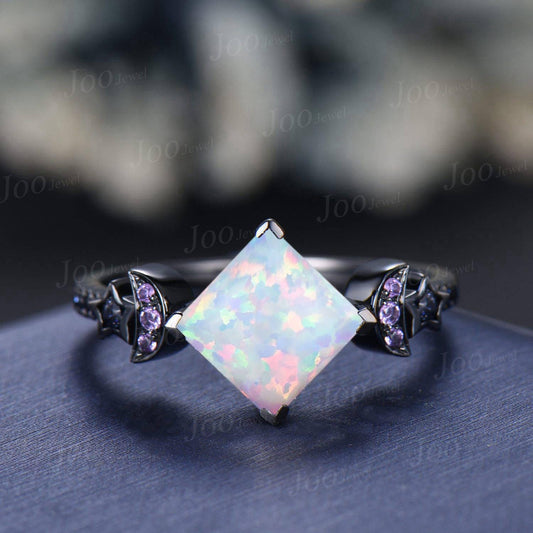 2ct Princess White Opal Engagement Ring Sandstone Amethyst Moon Star Wedding Ring Unique Black Gold Band October Birthstone Gifts for Women