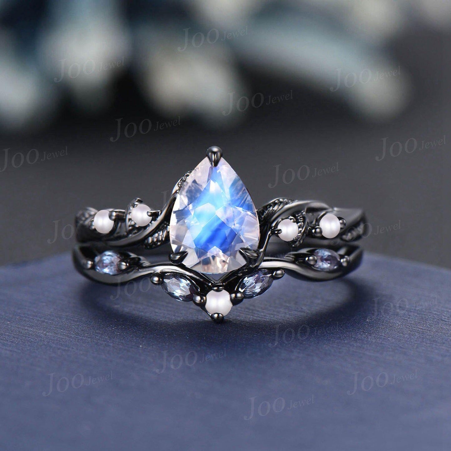 1.25ct Pear Cut Natural Moonstone Pearl Wedding Ring Nature Inspired Moonstone Bridal Ring Unique June Birthstone Birthday Gifts for Women