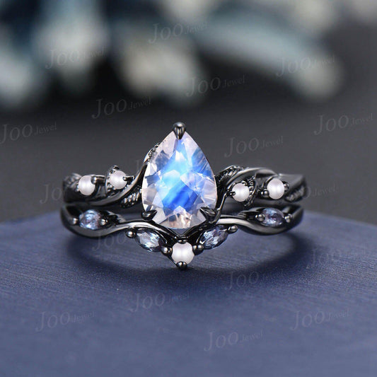 1.25ct Pear Cut Natural Moonstone Pearl Wedding Ring Nature Inspired Moonstone Bridal Ring Unique June Birthstone Birthday Gifts for Women