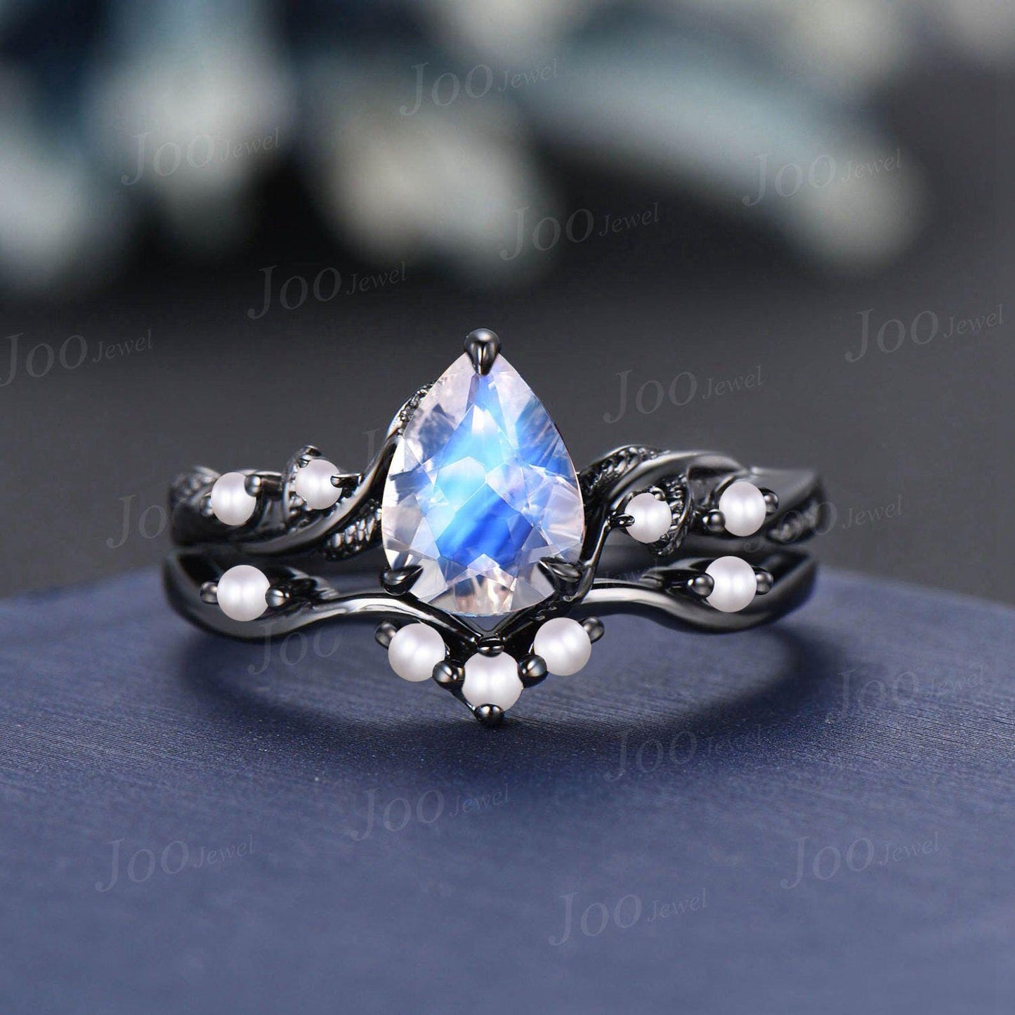 1.25ct Pear Cut Natural Moonstone Pearl Wedding Ring Nature Inspired Moonstone Bridal Ring Unique June Birthstone Birthday Gifts for Women