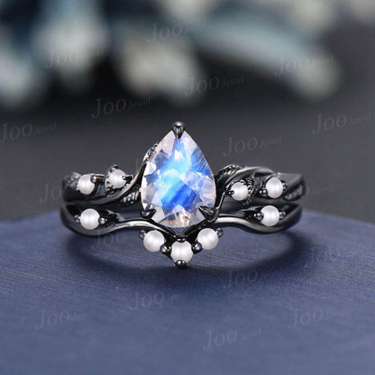 1.25ct Pear Cut Natural Moonstone Pearl Wedding Ring Nature Inspired Moonstone Bridal Ring Unique June Birthstone Birthday Gifts for Women