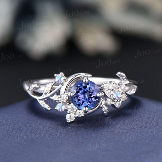 Nature Inspired Round Cut Natural Tanzanite Wedding Ring Unique Moon Leaf Vine Moonstone Tanzanite  Engagement Ring Art Deco Promise Ring