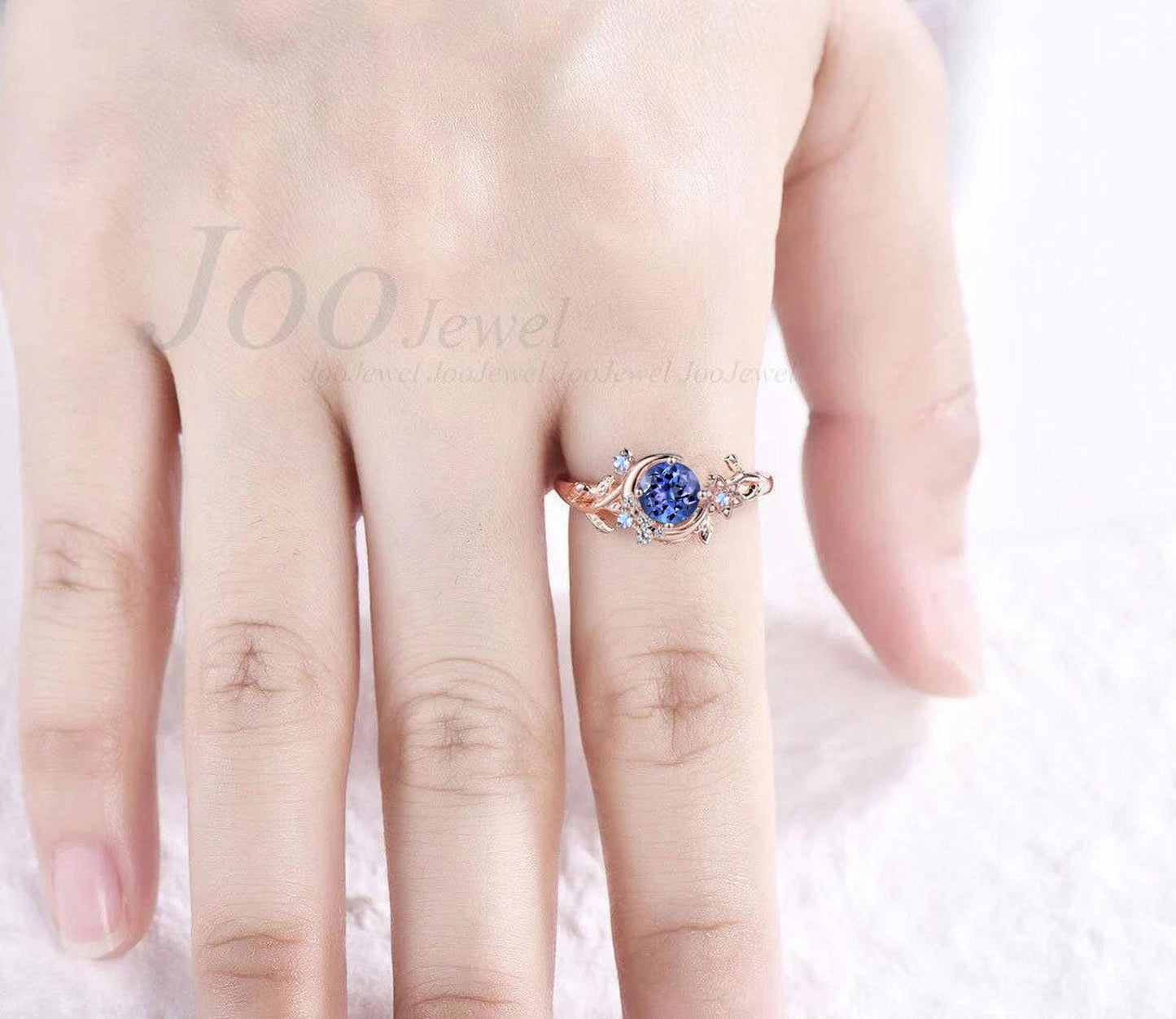 Nature Inspired Round Cut Natural Tanzanite Wedding Ring Unique Moon Leaf Vine Moonstone Tanzanite  Engagement Ring Art Deco Promise Ring
