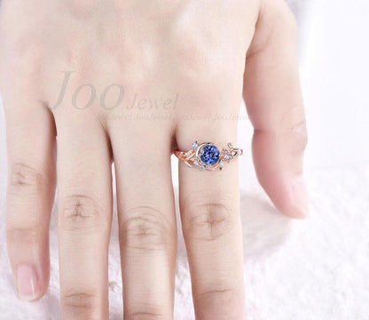 Nature Inspired Round Cut Natural Tanzanite Wedding Ring Unique Moon Leaf Vine Moonstone Tanzanite  Engagement Ring Art Deco Promise Ring