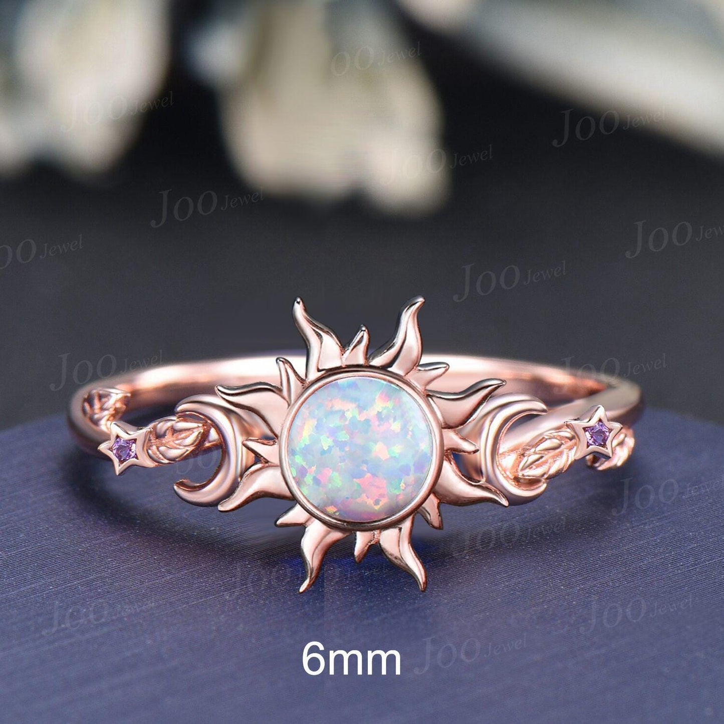 Round Cut White Opal Sun Wedding Ring Bezel Set Opal Amethyst Promise Ring Unique Nature Inspired Leaf Sun Engagement Ring Anniversary Gifts