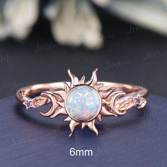 Round Cut White Opal Sun Wedding Ring Bezel Set Opal Amethyst Promise Ring Unique Nature Inspired Leaf Sun Engagement Ring Anniversary Gifts
