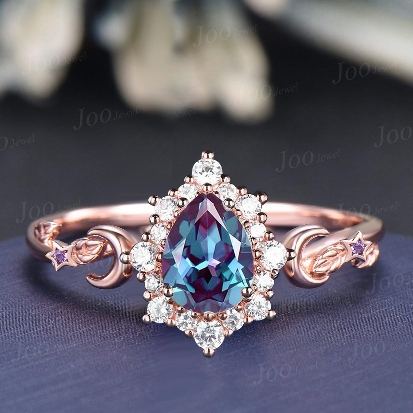 1.25ct Pear Halo Alexandrite Engagement Ring 10K Rose Gold Color-Change Alexandrite Leaf Moon Wedding Ring June Birthstone Gift for Women