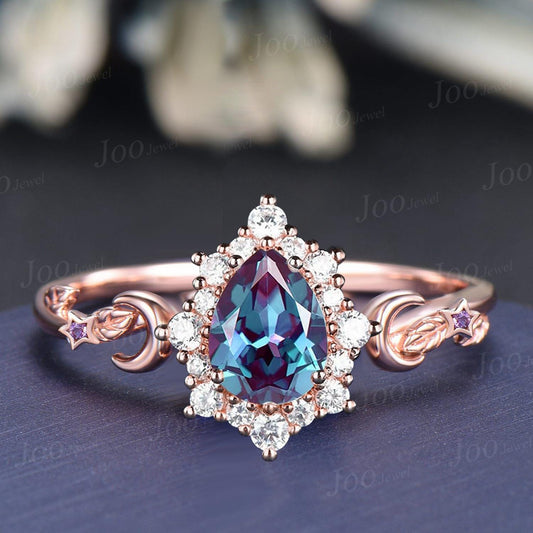 1.25ct Pear Halo Alexandrite Engagement Ring 10K Rose Gold Color-Change Alexandrite Leaf Moon Wedding Ring June Birthstone Gift for Women
